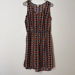 Merona Orange Navy Geometric Sleeveless Dress Retro Mod Pockets Small Dopamine